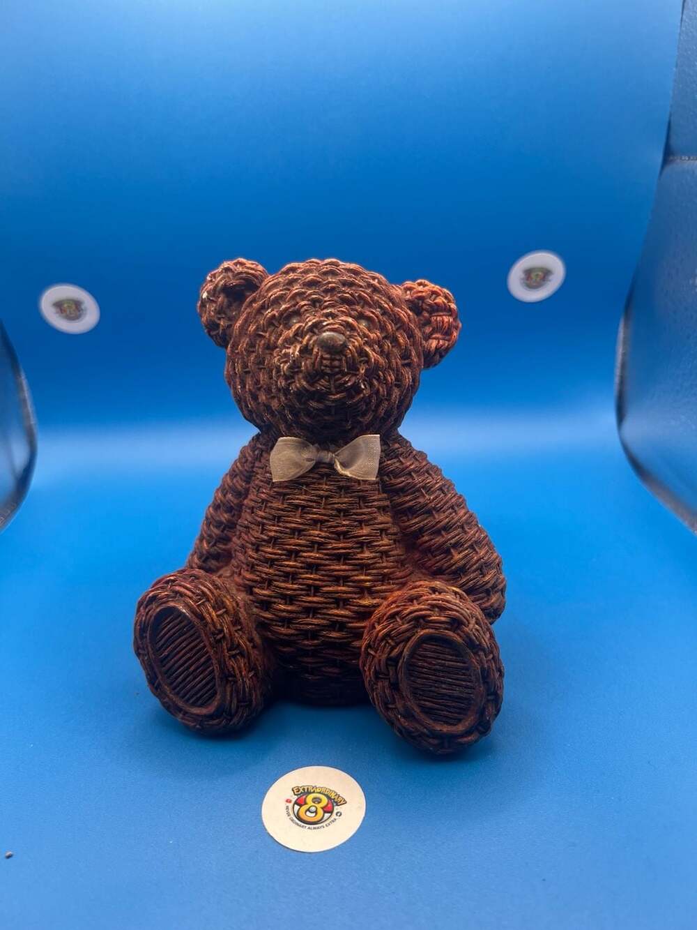 Wicker Look Brown Resin Sitting Teddy Bear Figurine Decor with Bow